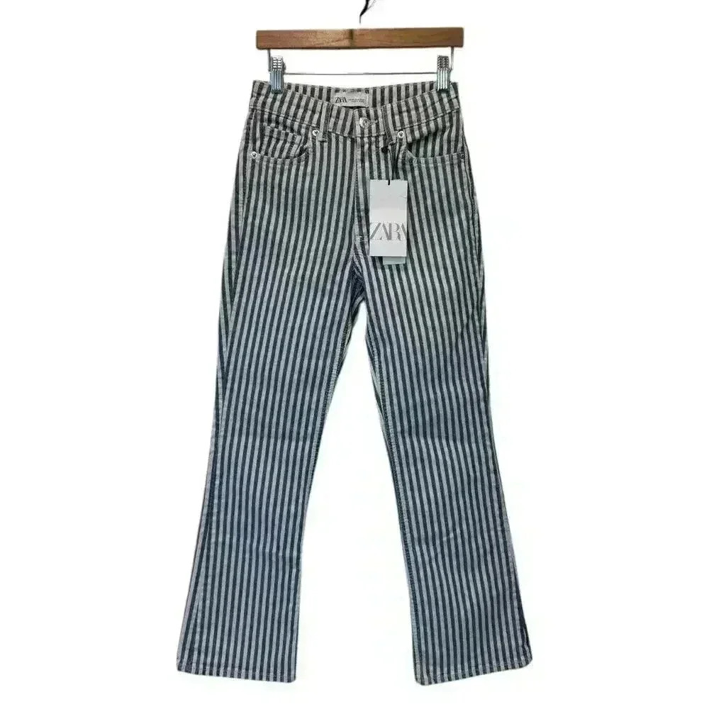 NWT - Zara Navy and Cream Stripe Flare Jeans - Size 0 - Picture 1 of 3